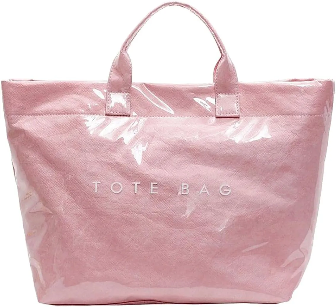 PVC Tote Bag Large Waterproof Kraft Paper Handbags with Zipper Pockets Handle for Women Work Beach Swimming