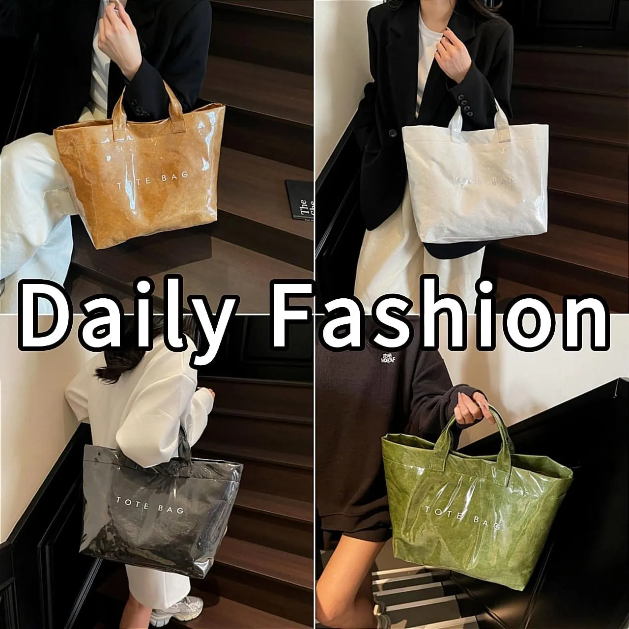 PVC Tote Bag Large Waterproof Kraft Paper Handbags with Zipper Pockets Handle for Women Work Beach Swimming