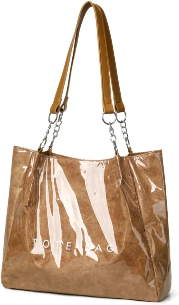 PVC Tote Bag Large Waterproof Kraft Paper Handbags with Zipper Pockets Handle for Women Work Beach Swimming