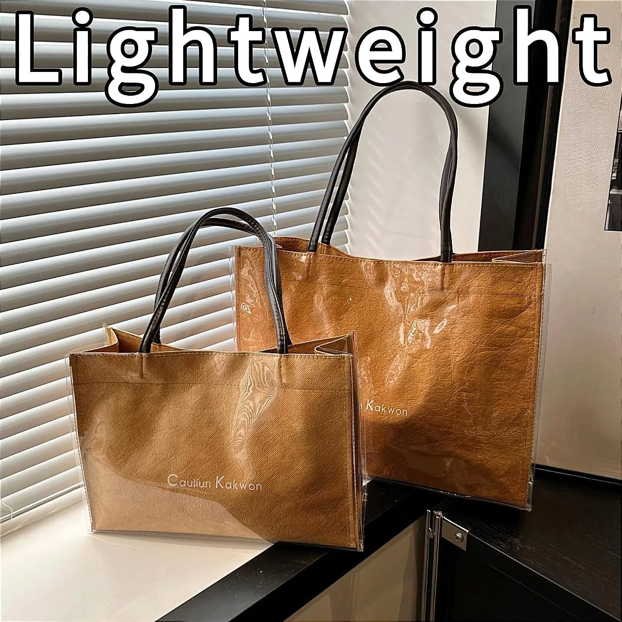 PVC Tote Bag Large Waterproof Kraft Paper Handbags with Zipper Pockets Handle for Women Work Beach Swimming
