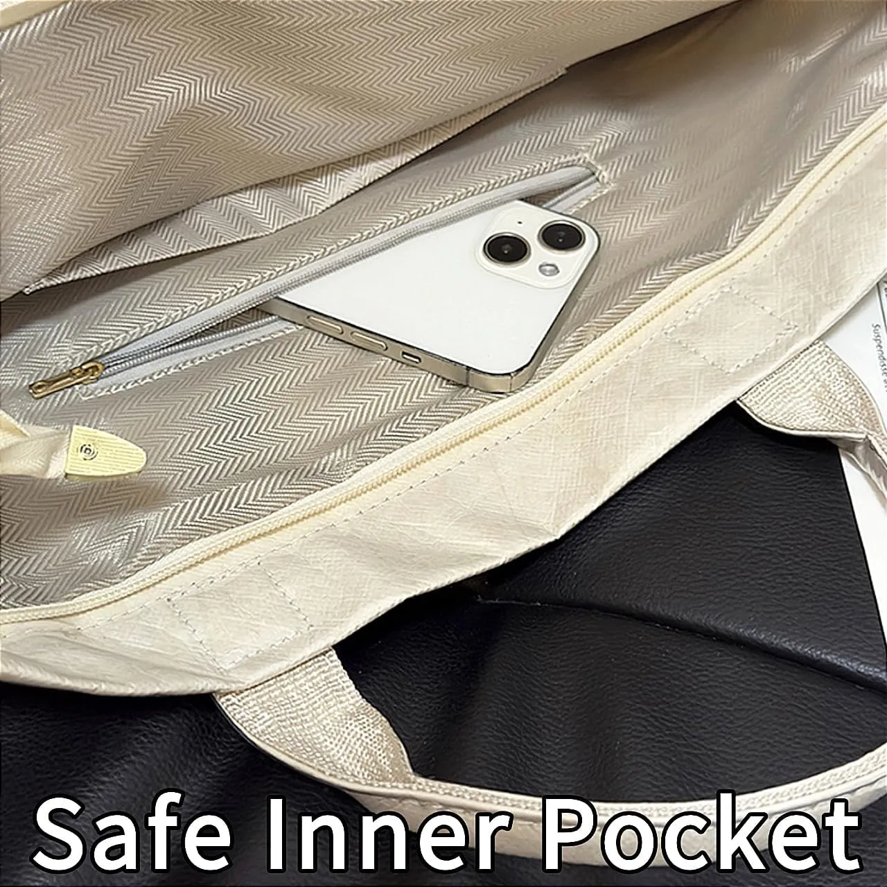 PVC Tote Bag Large Waterproof Kraft Paper Handbags with Zipper Pockets Handle for Women Work Beach Swimming