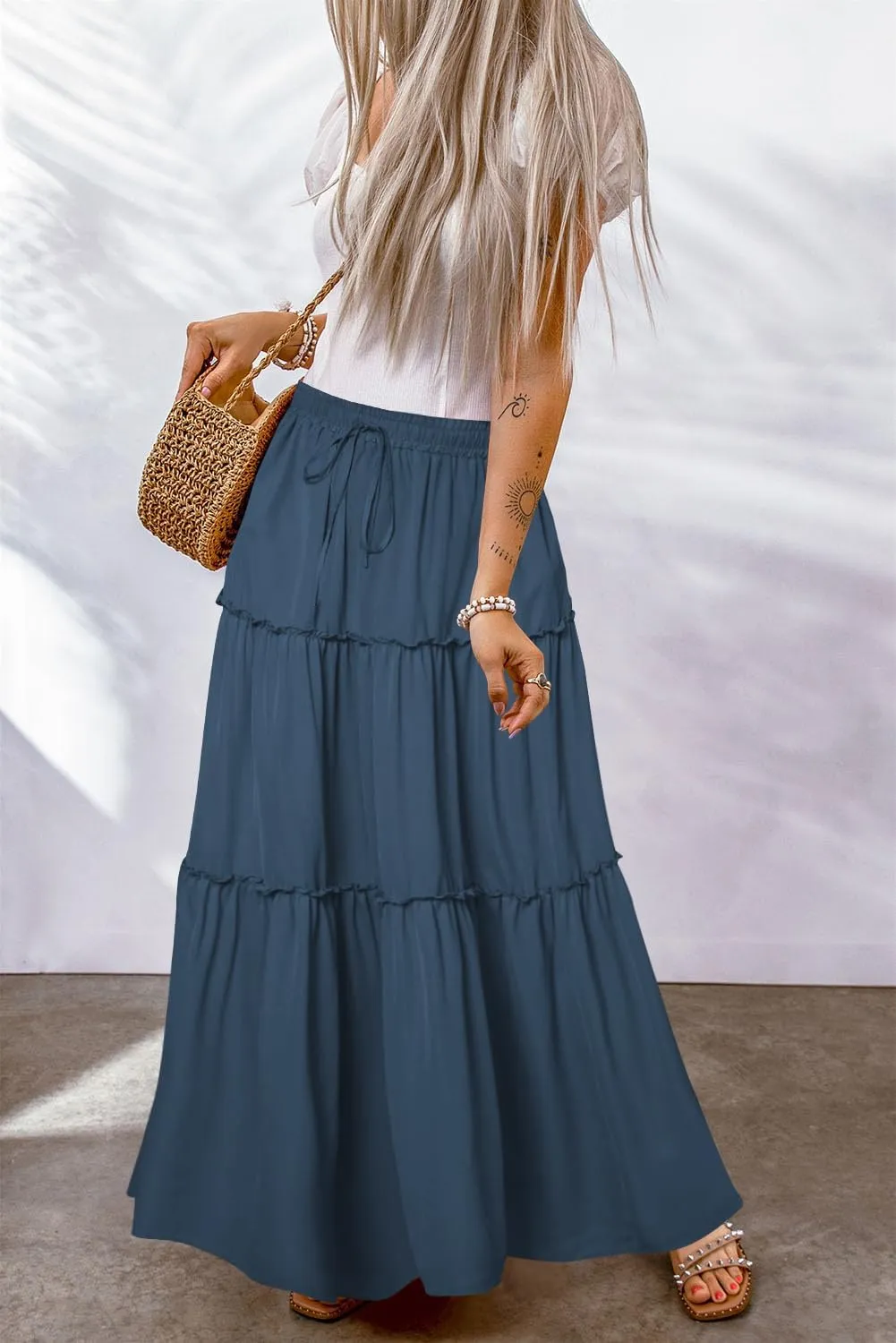 QACOHU Womens Casual Elastic High Waist Lace up Tiered Paisley Long Skirt with Pockets