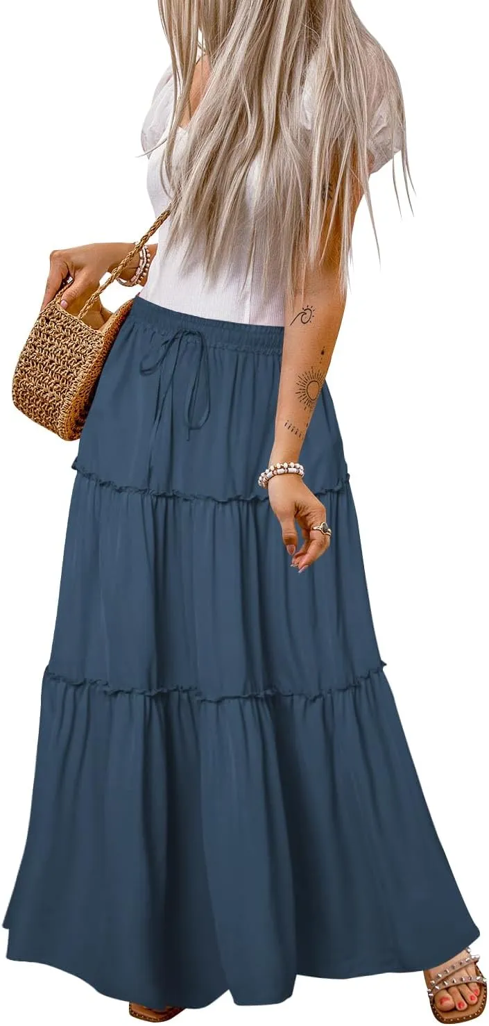 QACOHU Womens Casual Elastic High Waist Lace up Tiered Paisley Long Skirt with Pockets