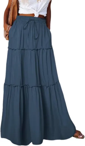 QACOHU Womens Casual Elastic High Waist Lace up Tiered Paisley Long Skirt with Pockets