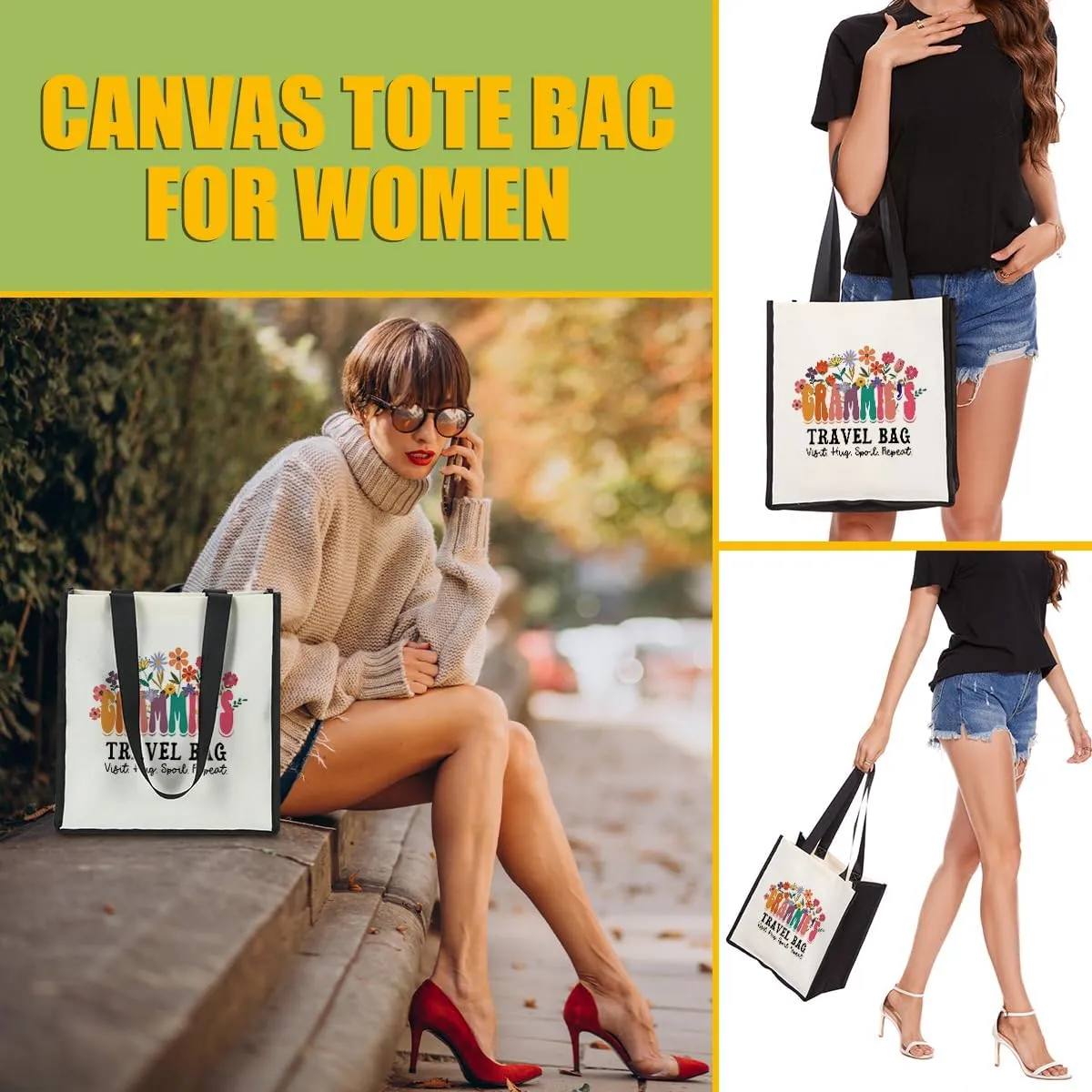 QIONGQI Grandma Nana Granny Grammy Aunt Mom Mommy Mother in Law Godmother Floral Canvas Tote Beach Bag Grocery Shopping Bags