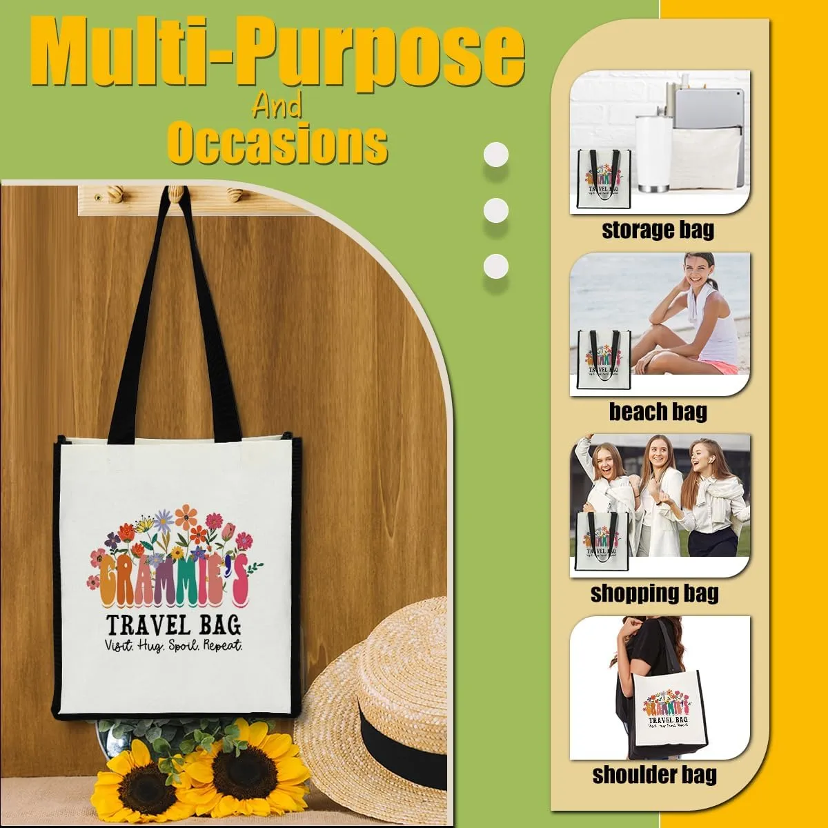 QIONGQI Grandma Nana Granny Grammy Aunt Mom Mommy Mother in Law Godmother Floral Canvas Tote Beach Bag Grocery Shopping Bags