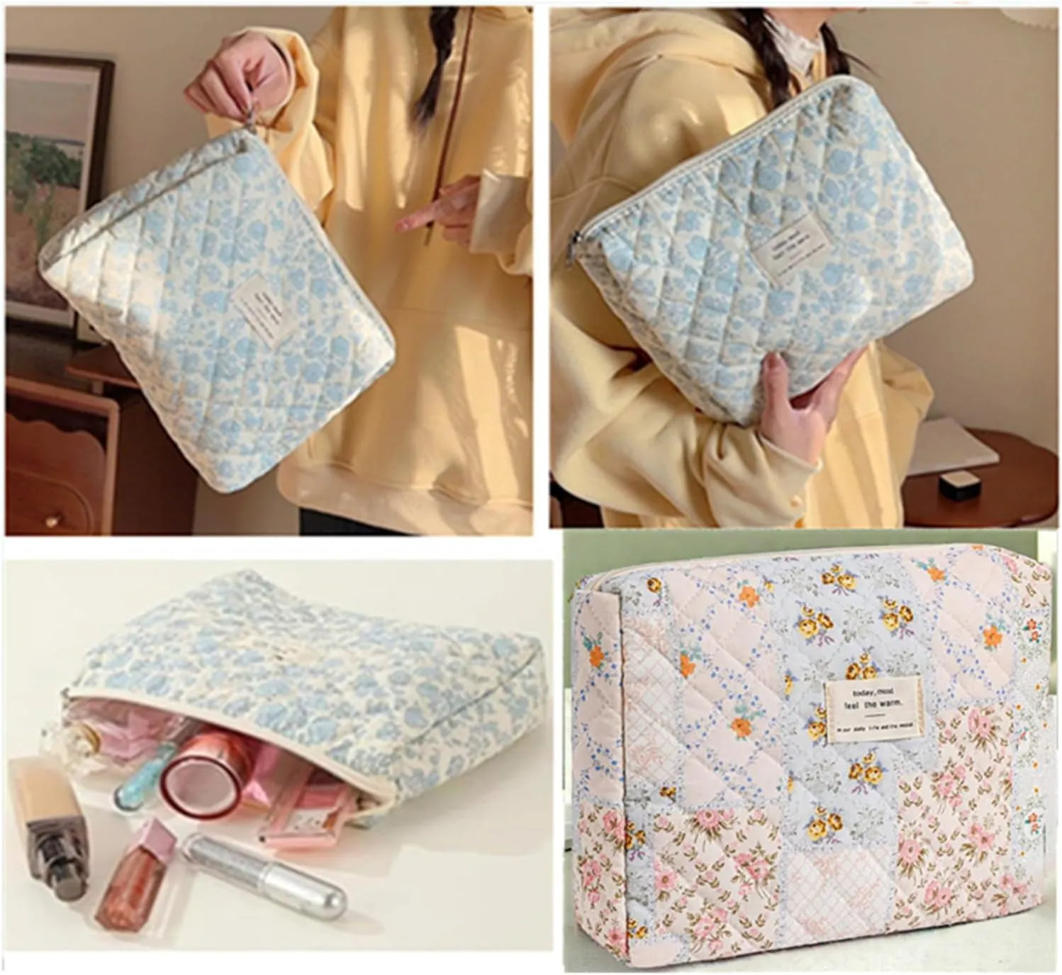 Quilted Makeup Bag,Floral Makeup Bag,Cotton Makeup Bag Set for Women,Travel Makeup Bag,Large Toiletry Cosmetic Bag Makeup Bag Organizer for Women Girls (M2-1PC)