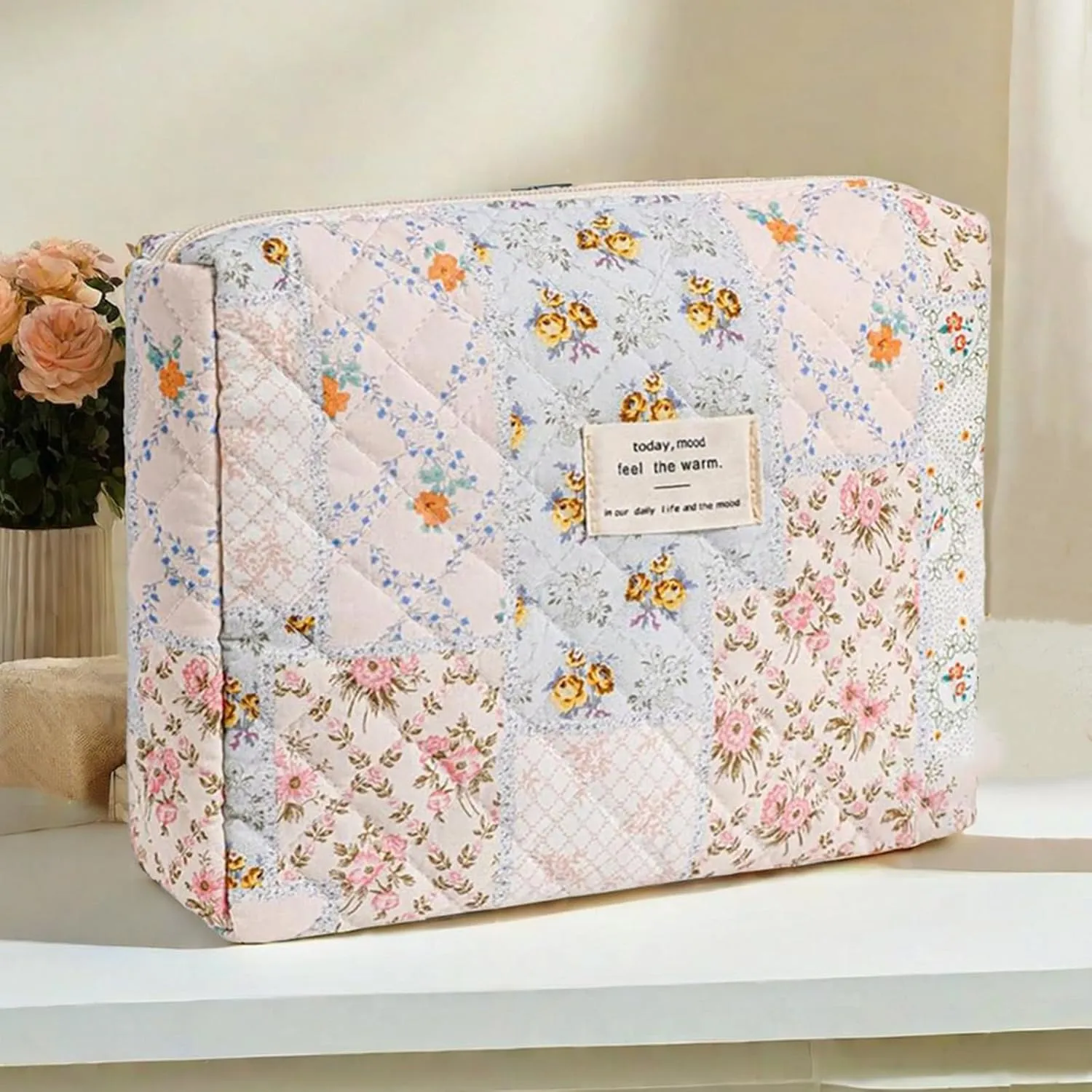 Quilted Makeup Bag,Floral Makeup Bag,Cotton Makeup Bag Set for Women,Travel Makeup Bag,Large Toiletry Cosmetic Bag Makeup Bag Organizer for Women Girls (M2-1PC)
