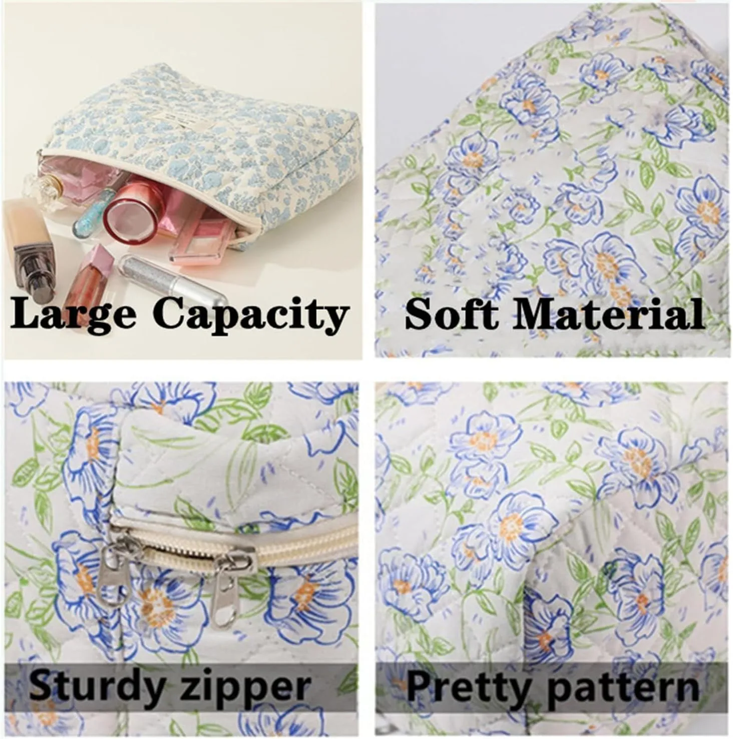 Quilted Makeup Bag,Floral Makeup Bag,Cotton Makeup Bag Set for Women,Travel Makeup Bag,Large Toiletry Cosmetic Bag Makeup Bag Organizer for Women Girls (M2-1PC)