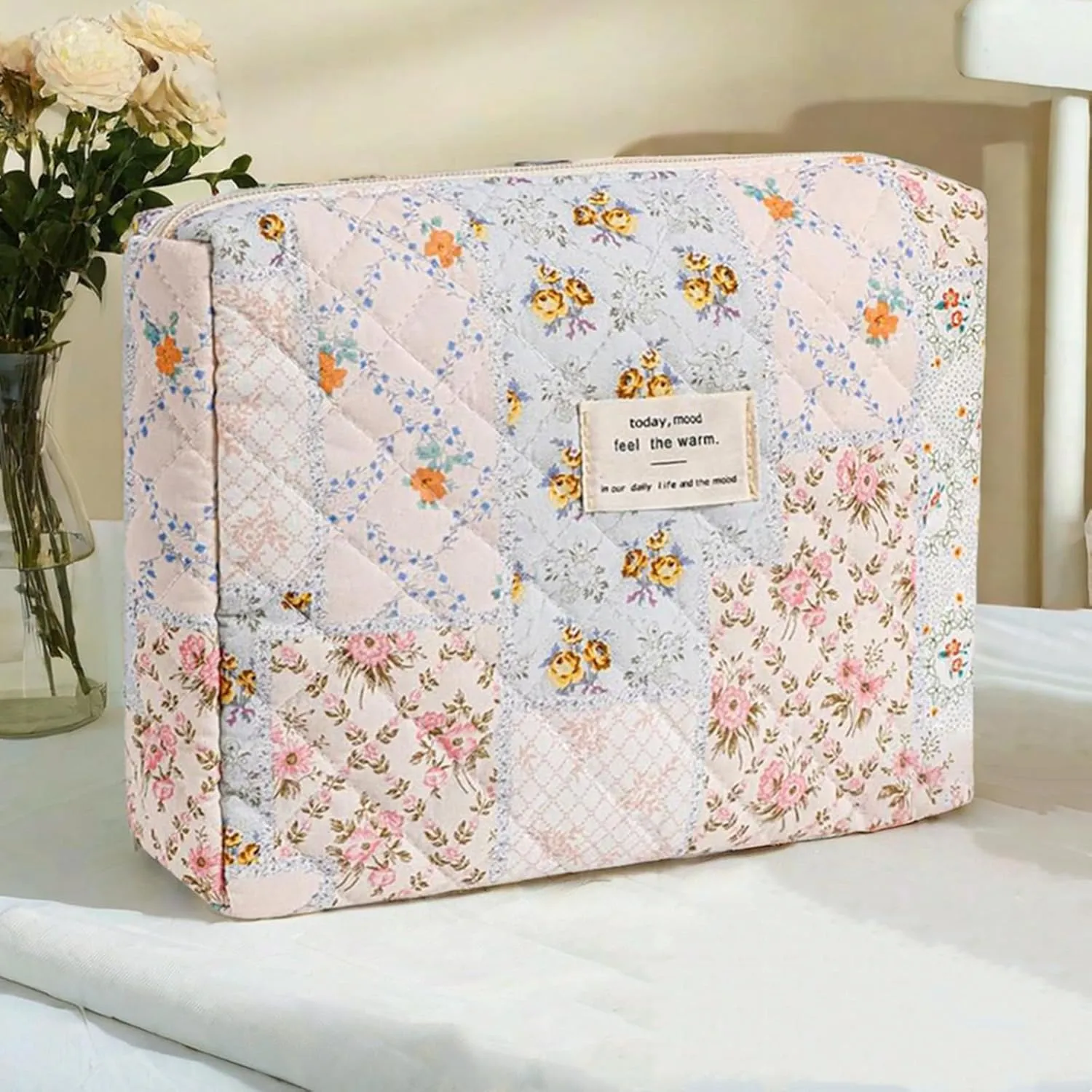 Quilted Makeup Bag,Floral Makeup Bag,Cotton Makeup Bag Set for Women,Travel Makeup Bag,Large Toiletry Cosmetic Bag Makeup Bag Organizer for Women Girls (M2-1PC)