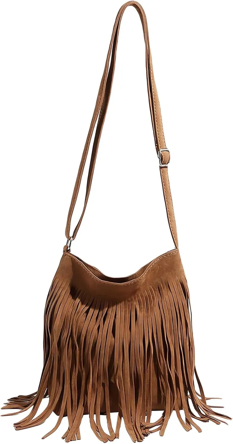QWINEE Women's Fringe Hobo Bags Tassel Vintage Suede Crossbody Bag Shoulder Bags