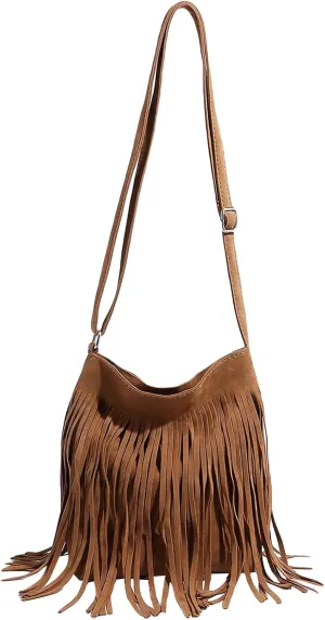 QWINEE Women's Fringe Hobo Bags Tassel Vintage Suede Crossbody Bag Shoulder Bags
