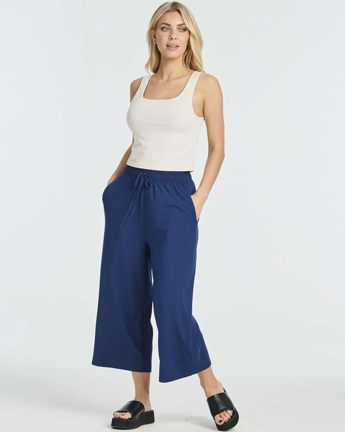 Real Essentials 3 Pack: Women's Ultra-Soft Wide Leg Loose Capri Open Bottom Pants - Yoga Lounge Pockets(Available in Plus)