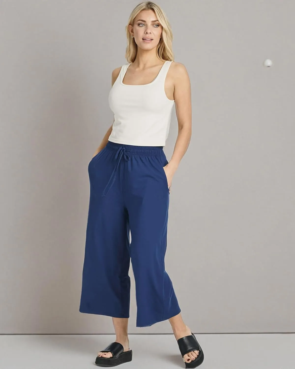 Real Essentials 3 Pack: Women's Ultra-Soft Wide Leg Loose Capri Open Bottom Pants - Yoga Lounge Pockets(Available in Plus)