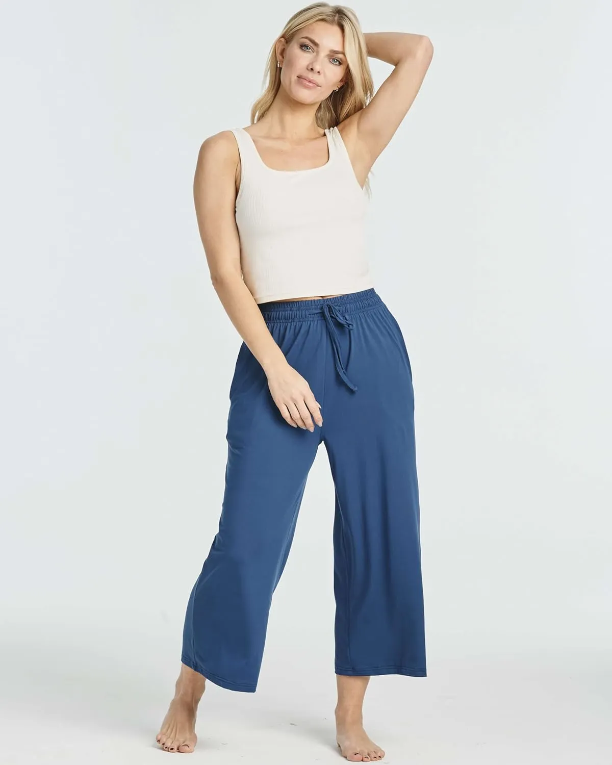 Real Essentials 3 Pack: Women's Ultra-Soft Wide Leg Loose Capri Open Bottom Pants - Yoga Lounge Pockets(Available in Plus)