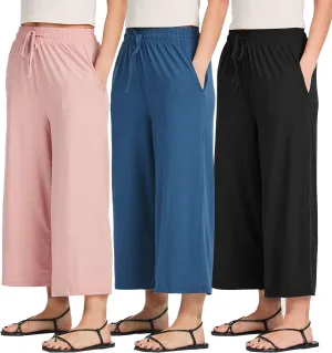 Real Essentials 3 Pack: Women's Ultra-Soft Wide Leg Loose Capri Open Bottom Pants - Yoga Lounge Pockets(Available in Plus)