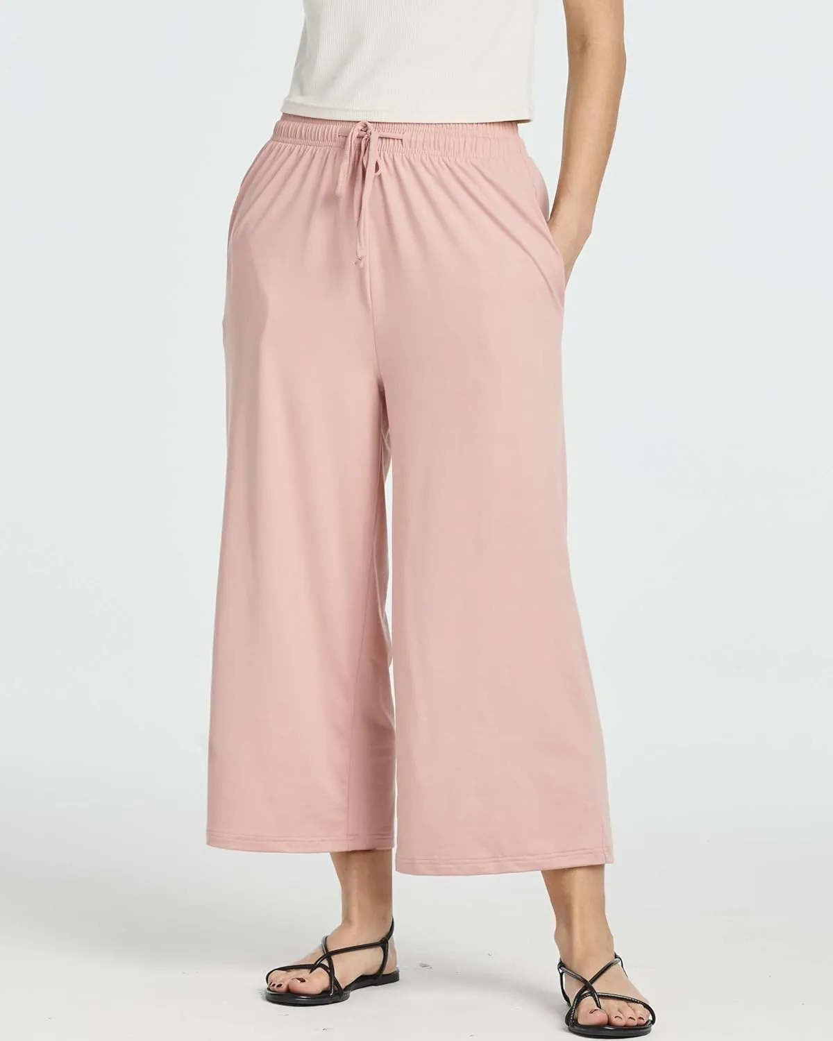 Real Essentials 3 Pack: Women's Ultra-Soft Wide Leg Loose Capri Open Bottom Pants - Yoga Lounge Pockets(Available in Plus)