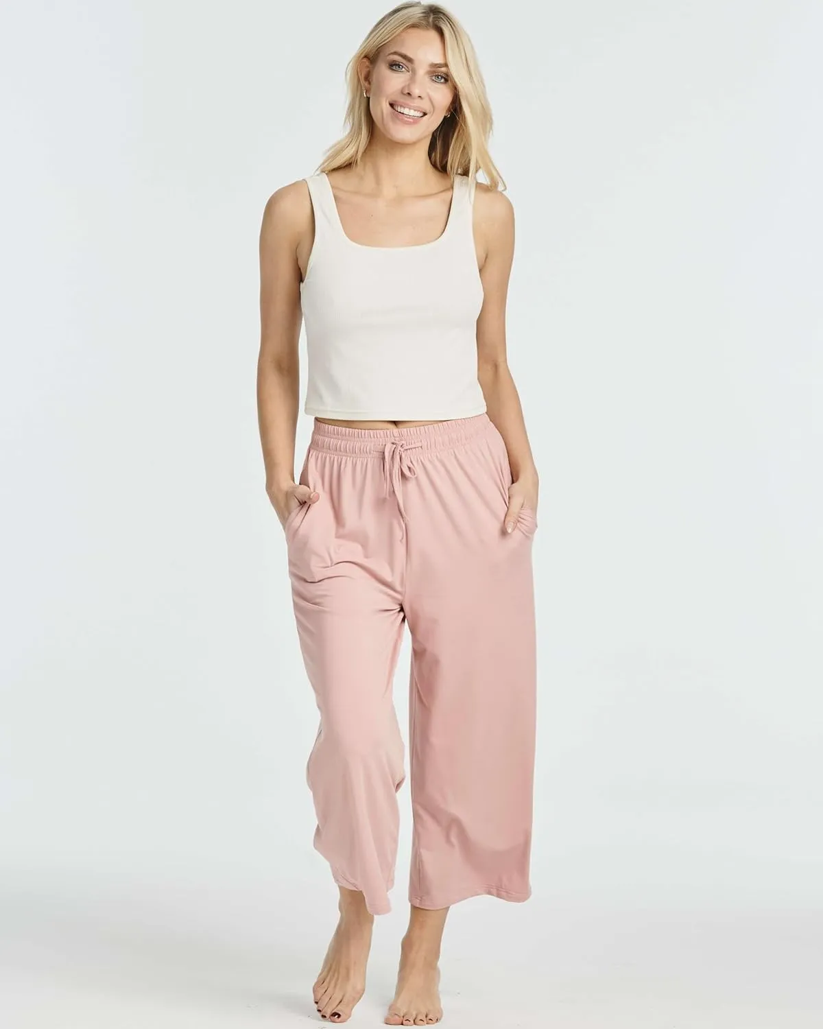 Real Essentials 3 Pack: Women's Ultra-Soft Wide Leg Loose Capri Open Bottom Pants - Yoga Lounge Pockets(Available in Plus)