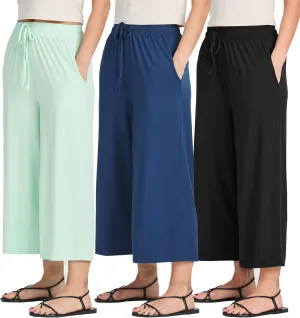 Real Essentials 3 Pack: Women's Ultra-Soft Wide Leg Loose Capri Open Bottom Pants - Yoga Lounge Pockets(Available in Plus)