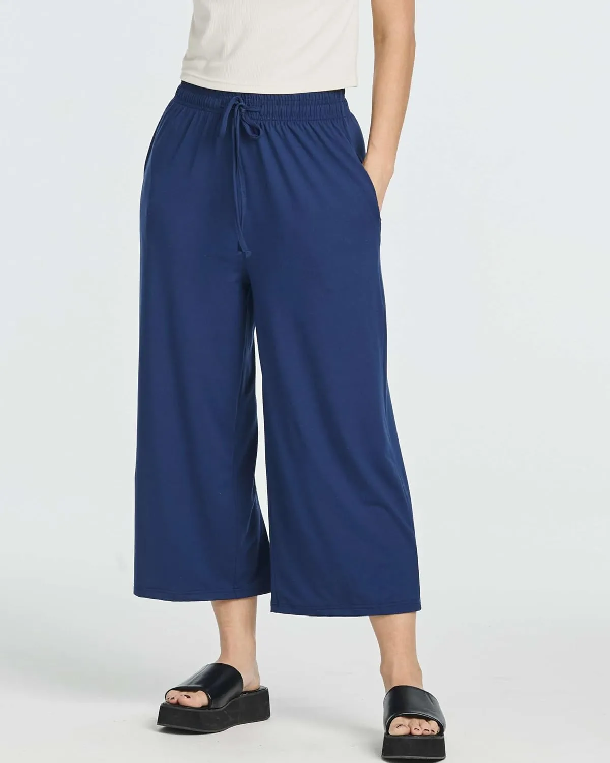 Real Essentials 3 Pack: Women's Ultra-Soft Wide Leg Loose Capri Open Bottom Pants - Yoga Lounge Pockets(Available in Plus)