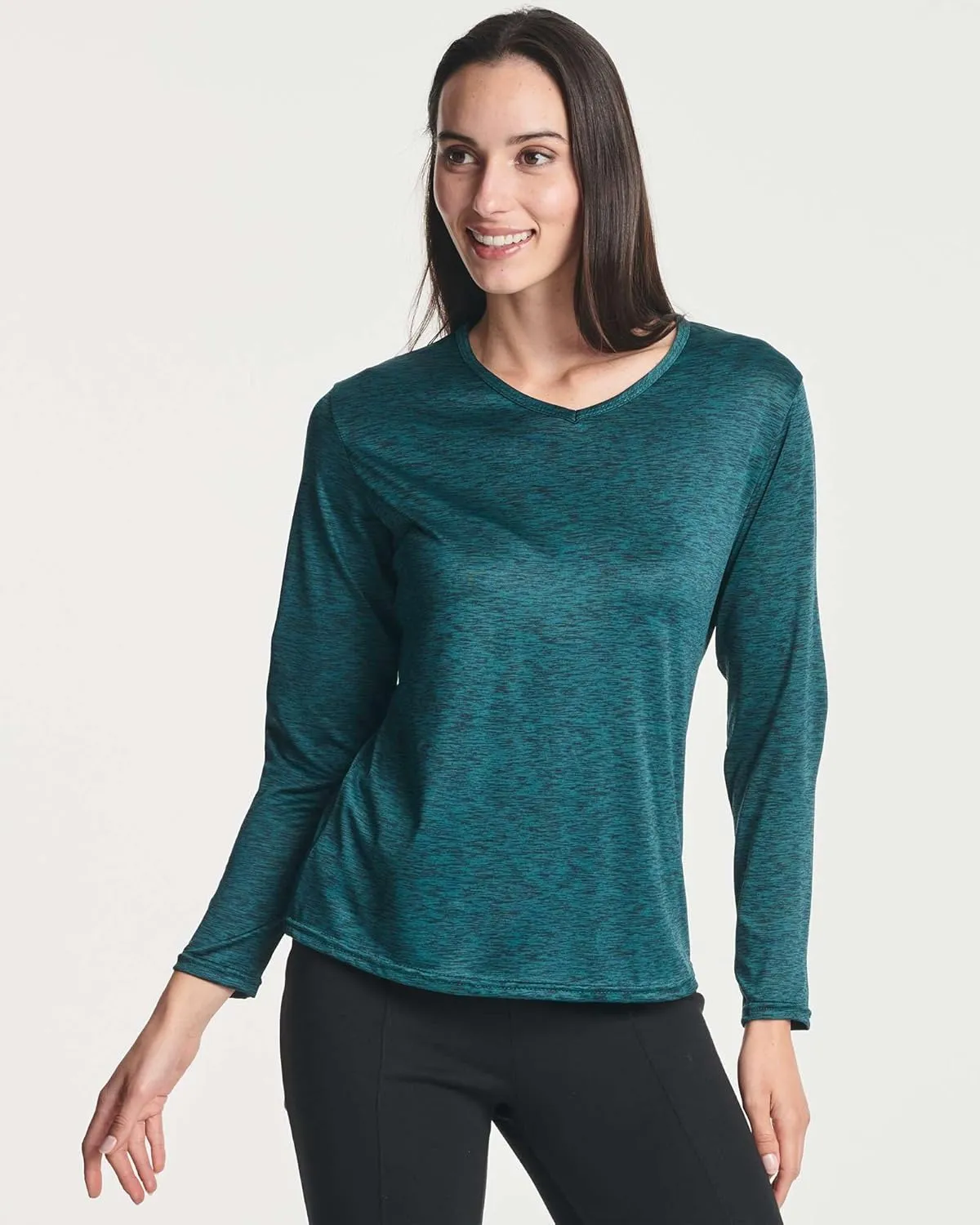 Real Essentials 4-Pack: Women's Dry-Fit Long-Sleeve V-Neck Athletic Workout Shirt (Available in Plus Size)