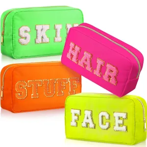 Remerry 4 Pcs Travel Toiletry Bags for Women Nylon Makeup Bag Organizer Cosmetic Chenille Letter Pouch Zipper Preppy Waterproof Hair Pouch Christmas Gift(Fluorescent Colors)