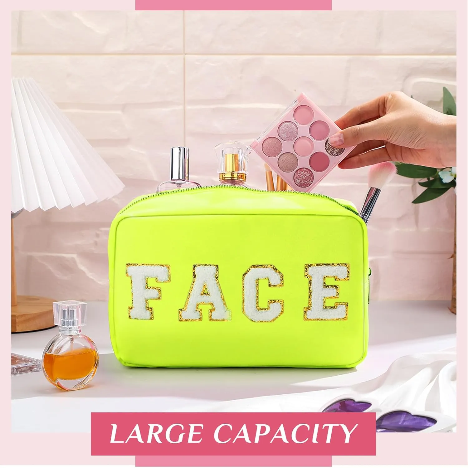 Remerry 4 Pcs Travel Toiletry Bags for Women Nylon Makeup Bag Organizer Cosmetic Chenille Letter Pouch Zipper Preppy Waterproof Hair Pouch Christmas Gift(Fluorescent Colors)