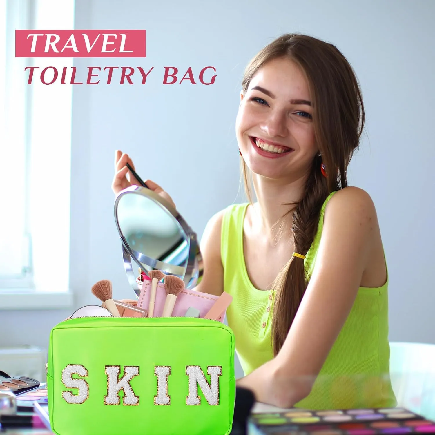Remerry 4 Pcs Travel Toiletry Bags for Women Nylon Makeup Bag Organizer Cosmetic Chenille Letter Pouch Zipper Preppy Waterproof Hair Pouch Christmas Gift(Fluorescent Colors)