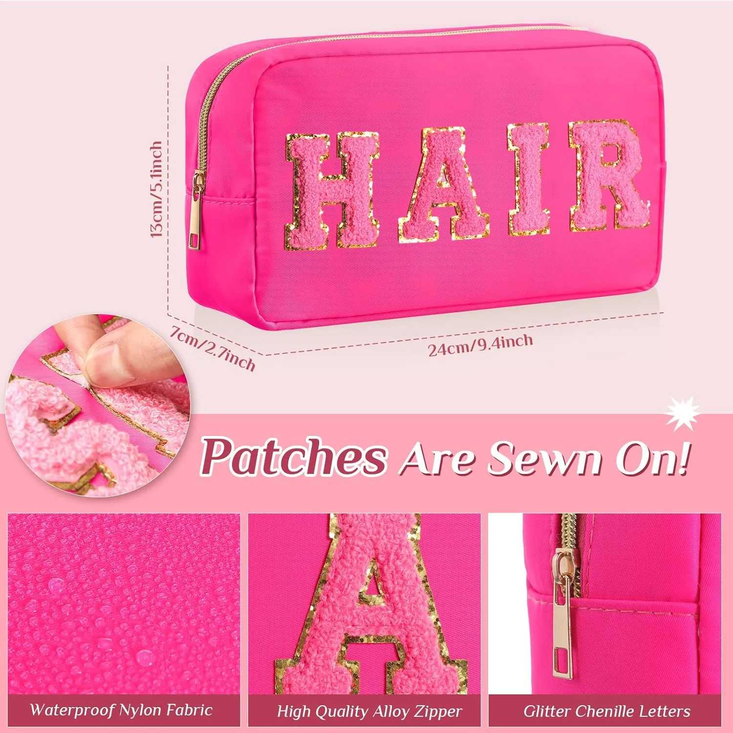 Remerry 4 Pcs Travel Toiletry Bags for Women Nylon Makeup Bag Organizer Cosmetic Chenille Letter Pouch Zipper Preppy Waterproof Hair Pouch Christmas Gift(Fluorescent Colors)