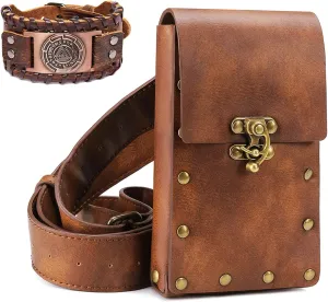 Renaissance Belt Pouch Waist Bag For Hiking, Festival, Medieval Vintage Leather Cell Phone Bag Holster Travel Costume Halloween Leather Bracelets Casual Fanny Pack Set