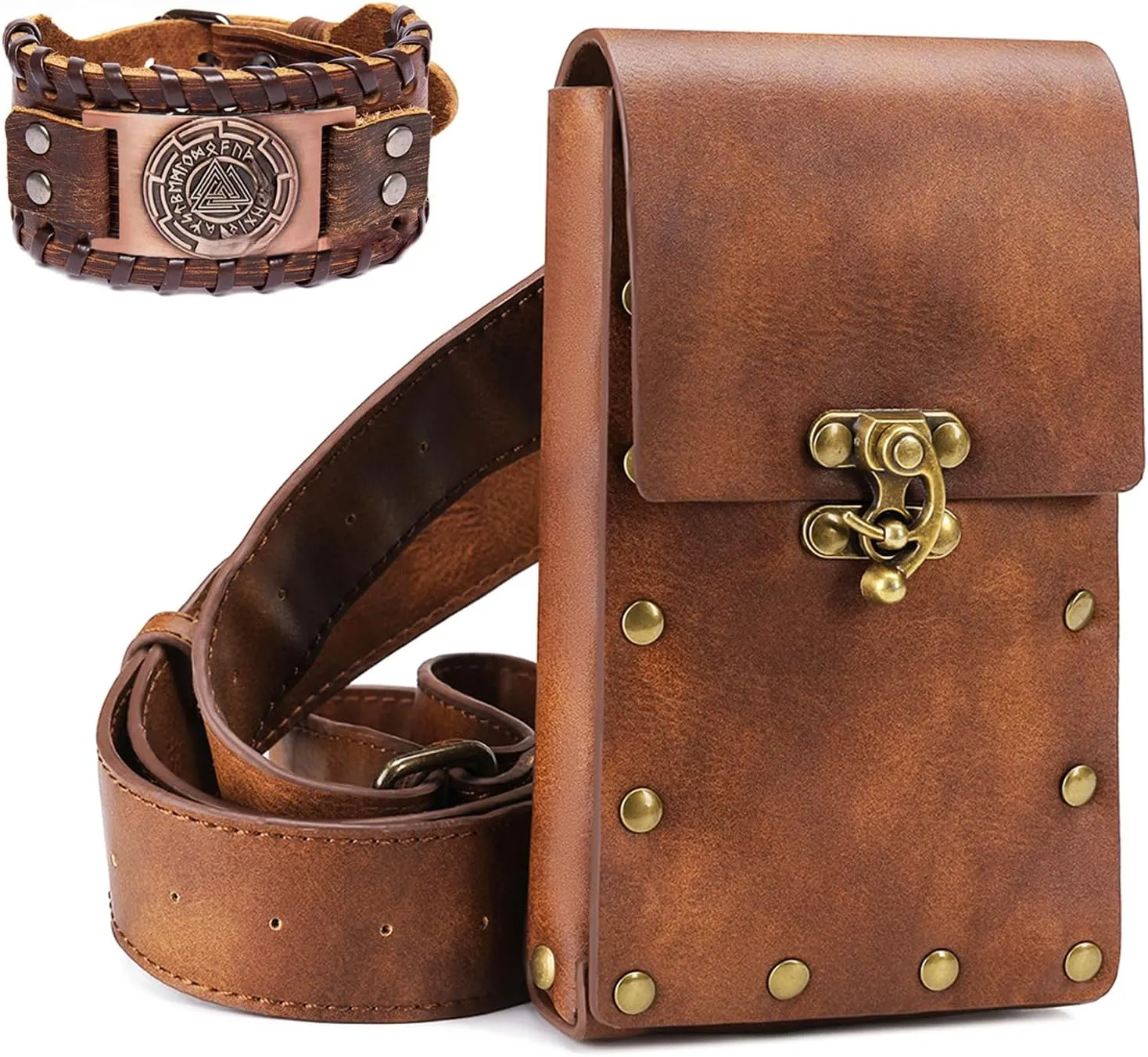 Renaissance Belt Pouch Waist Bag For Hiking, Festival, Medieval Vintage Leather Cell Phone Bag Holster Travel Costume Halloween Leather Bracelets Casual Fanny Pack Set