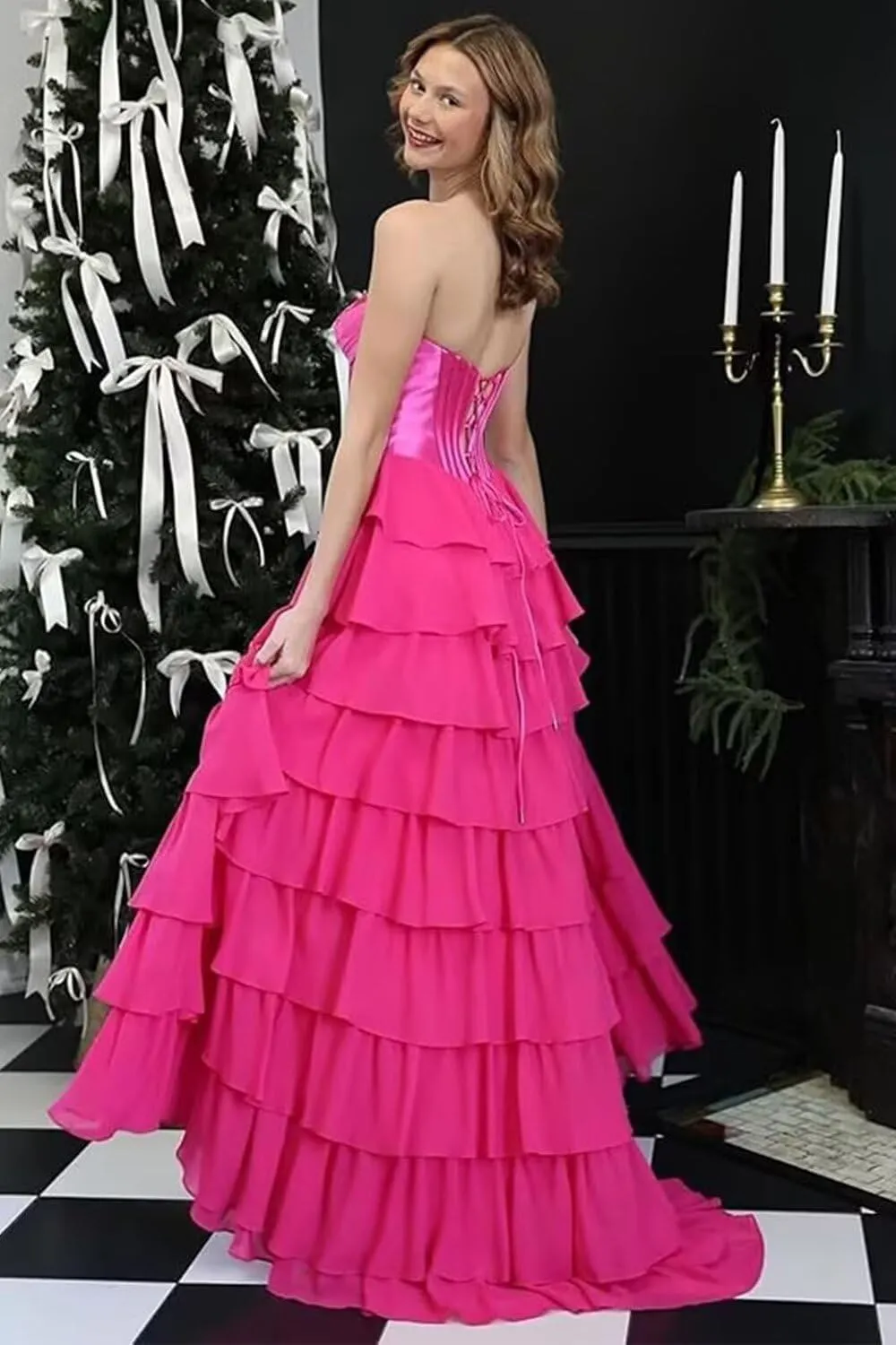 RKQWPlQ Strapless Layered Floral Prom Dress Corset Ball Gown Tiered Chiffon Prom Dresses Formal Evening Gowns with Slit
