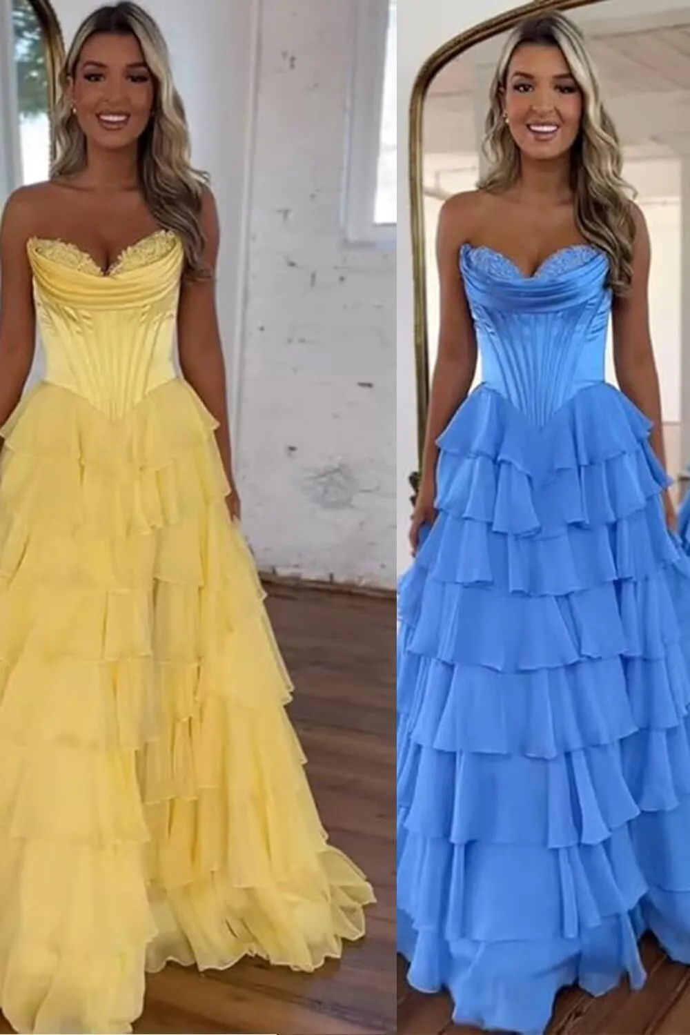 RKQWPlQ Strapless Layered Floral Prom Dress Corset Ball Gown Tiered Chiffon Prom Dresses Formal Evening Gowns with Slit