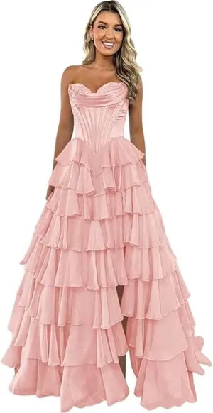 RKQWPlQ Strapless Layered Floral Prom Dress Corset Ball Gown Tiered Chiffon Prom Dresses Formal Evening Gowns with Slit