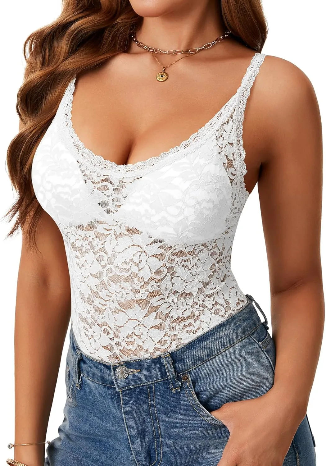 Rooscier Women's Floral Lace Sheer Sleeveless Strap See Through Slim Sexy Cami Tank Top Without Bra