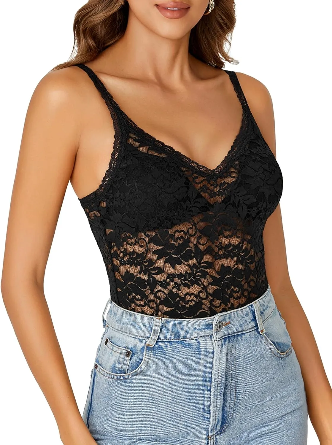 Rooscier Women's Floral Lace Sheer Sleeveless Strap See Through Slim Sexy Cami Tank Top Without Bra