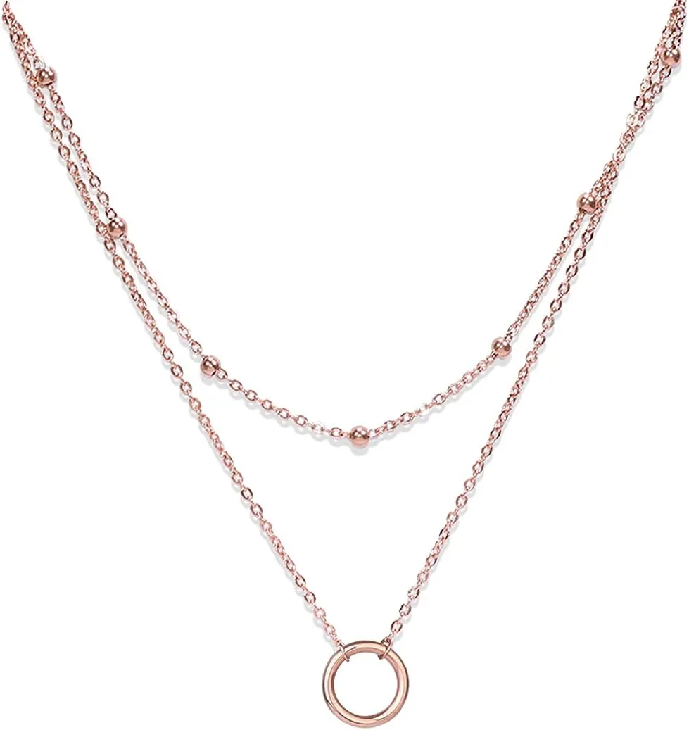 Rose Gold Layered Necklace for Women - Beads Choker Necklace Stackable Necklace
