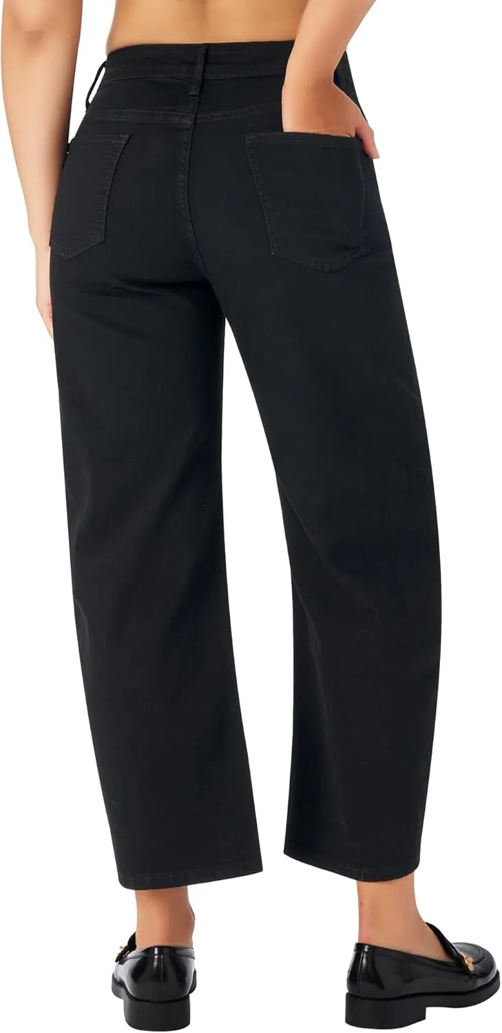 roswear Women's Barrel Jeans Petite Wide Leg Cropped Stretchy Baggy Denim Pants