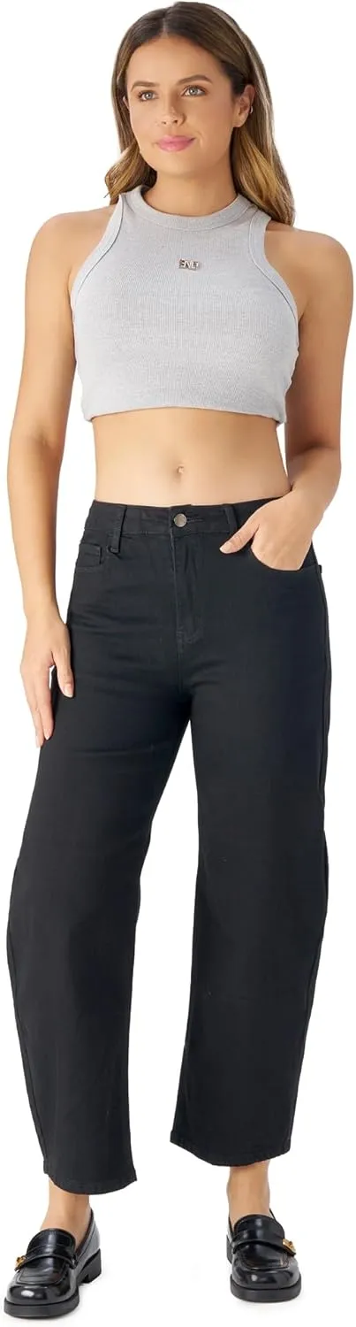 roswear Women's Barrel Jeans Petite Wide Leg Cropped Stretchy Baggy Denim Pants