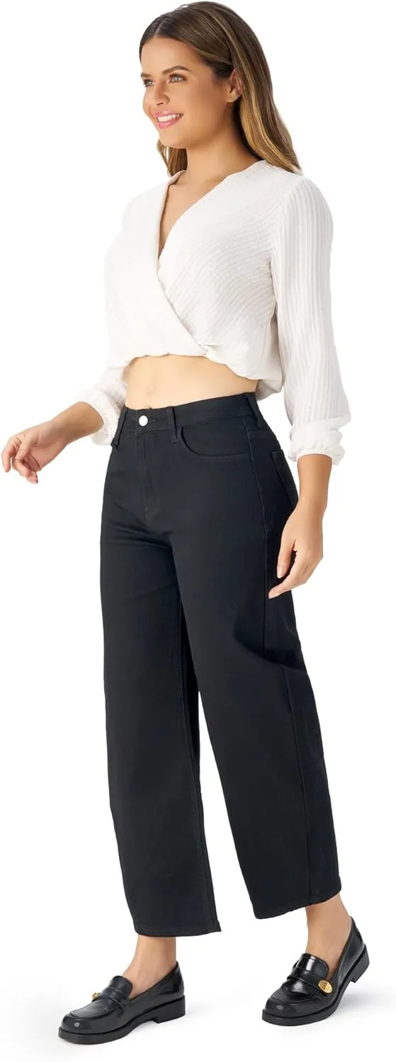 roswear Women's Barrel Jeans Petite Wide Leg Cropped Stretchy Baggy Denim Pants