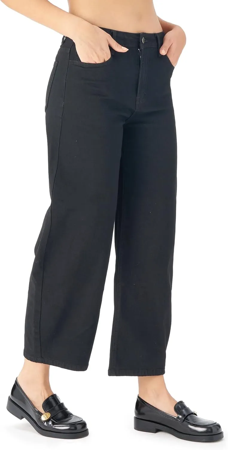 roswear Women's Barrel Jeans Petite Wide Leg Cropped Stretchy Baggy Denim Pants