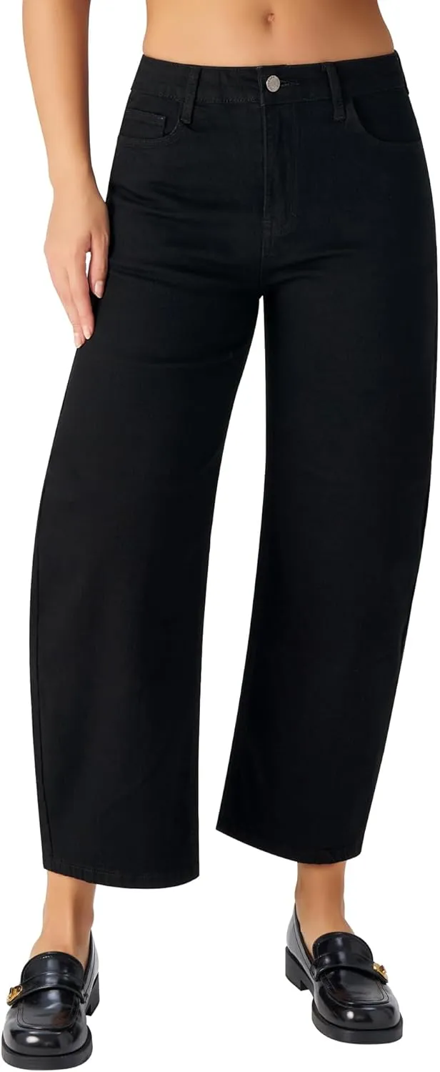 roswear Women's Barrel Jeans Petite Wide Leg Cropped Stretchy Baggy Denim Pants