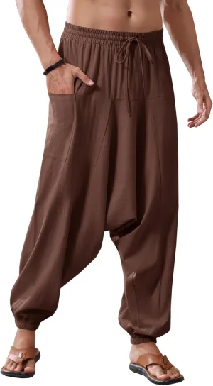 Runcati Mens Harem Pants Baggy Hippie Casual Cotton Linen Loose Boho Yoga Beach Drop Crotch Trouser
