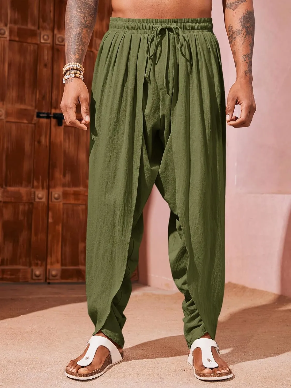 Runcati Mens Linen Harem Pants Casual Elastic Waist Pants Baggy Boho Yoga Hippie Summer Beach Kurta Dhoti Trousers