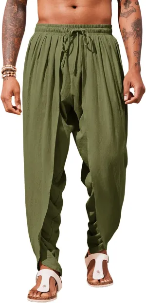 Runcati Mens Linen Harem Pants Casual Elastic Waist Pants Baggy Boho Yoga Hippie Summer Beach Kurta Dhoti Trousers