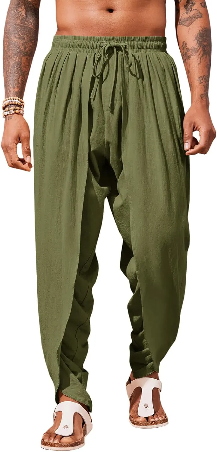 Runcati Mens Linen Harem Pants Casual Elastic Waist Pants Baggy Boho Yoga Hippie Summer Beach Kurta Dhoti Trousers