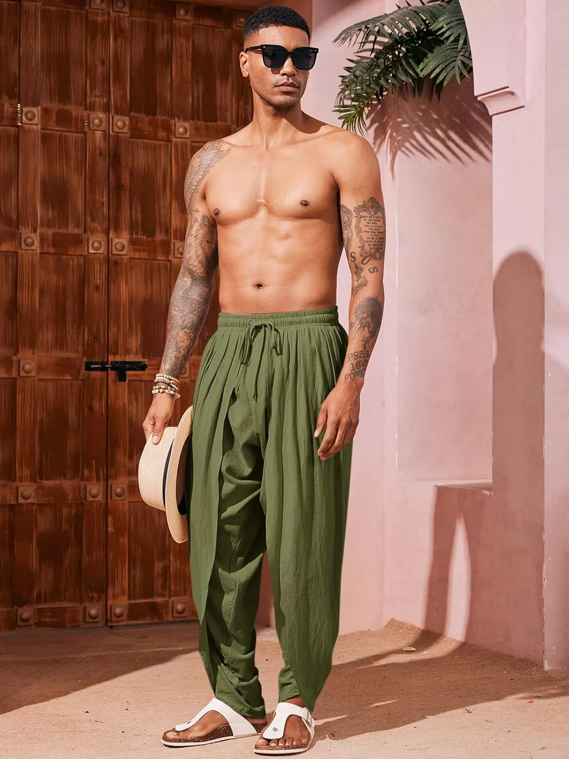 Runcati Mens Linen Harem Pants Casual Elastic Waist Pants Baggy Boho Yoga Hippie Summer Beach Kurta Dhoti Trousers