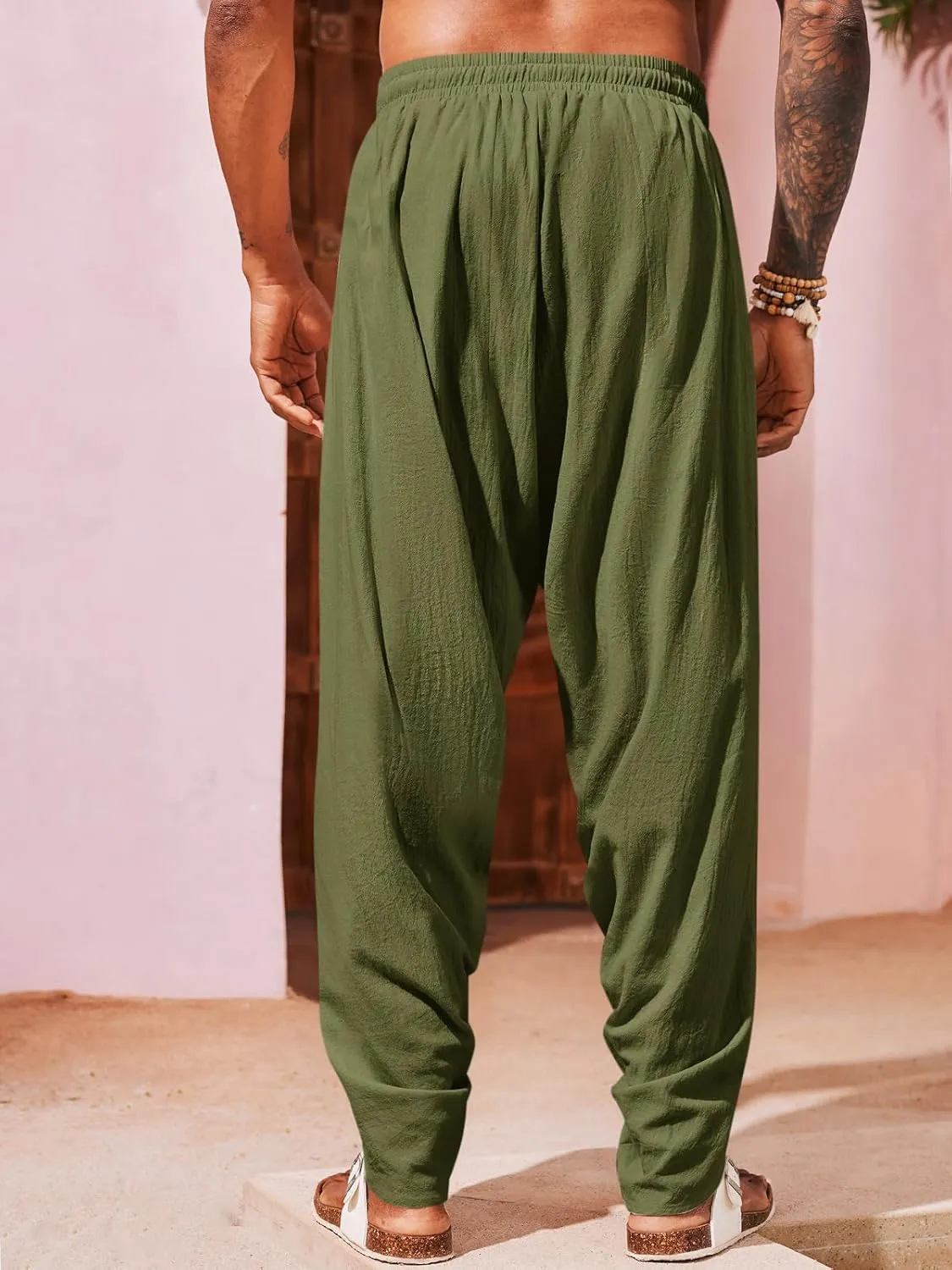 Runcati Mens Linen Harem Pants Casual Elastic Waist Pants Baggy Boho Yoga Hippie Summer Beach Kurta Dhoti Trousers