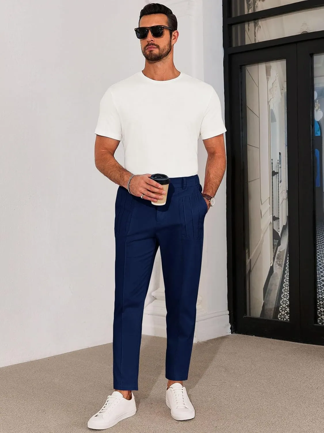 Runcati Mens Slim Fit Dress Pants Chino Casual Elastic Waist Slacks Trousers Skinny Stretch Suit Pants