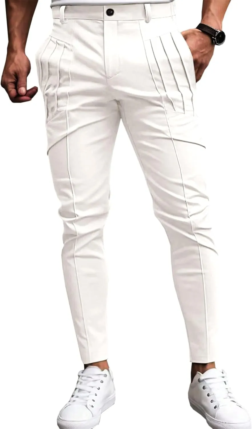 Runcati Mens Slim Fit Dress Pants Chino Casual Elastic Waist Slacks Trousers Skinny Stretch Suit Pants